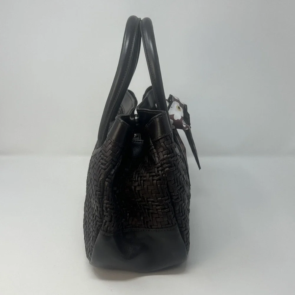 FURLA Italy Dark Brown Leather Woven Handbag Purse Satchel